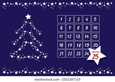 Rectangular advent calendar with Christmas tree and frame of white stars on blue background and large star with red holiday date inside. Vector vertical illustration for design and print