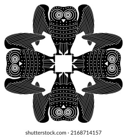 Rectangular animal design with four stylized ancient Greek owls. Black and white silhouette.