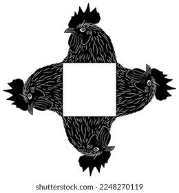 Rectangular animal design or frame with four rooster heads. Black and white negative silhouette.