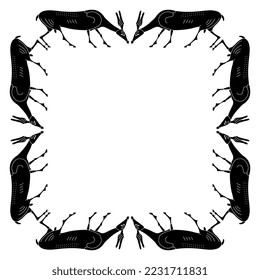 Rectangular animal design or square frame with gazing antelopes or deer. Black and white silhouette. Ancient Greek vase painting style.