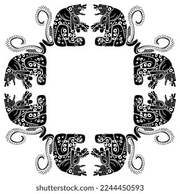 Rectangular animal frame with fantastic dogs. Native American art of Maya Indians. Black and white silhouette.