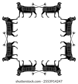 Rectangular animal frame with fantastic griffins with lotus tails. Ancient Egyptian ethnic design. Black and white silhouette.