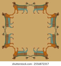 Rectangular animal frame with fantastic griffins with lotus tails. Ancient Egyptian ethnic design.