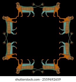 Rectangular animal frame with fantastic griffins with lotus tails. Ancient Egyptian ethnic design.