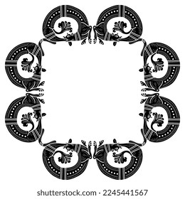 Rectangular animal frame with fantastic medieval dragons. Ouroboros motif. Black and white silhouette. Gothic illuminated manuscript style.