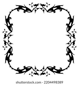 Rectangular animal frame with fantastic winged dragons and floral motifs. Medieval illuminated manuscript style. Black silhouette on white background.