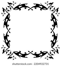 Rectangular animal frame with fantastic winged dragons and floral motifs. Medieval illuminated manuscript style. Black silhouette on white background.