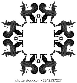 Rectangular animal frame with fantastic winged griffins. Ancient Greek antique motif. Black and white silhouette. Isolated vector illustration. 