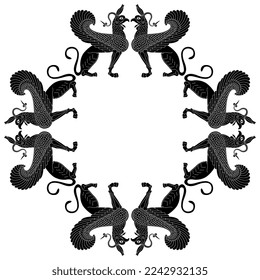 Rectangular animal frame with fantastic winged griffins. Ancient Greek antique motif. Black and white silhouette. Isolated vector illustration. 