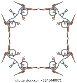 Rectangular animal frame with fantastic winged dragons. Medieval illuminated manuscript style. Isolated vector illustration.