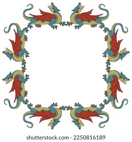Rectangular animal frame with fantastic winged medieval dragons. Isolated vector illustration.