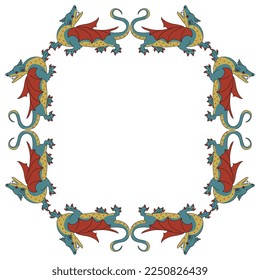 Rectangular animal frame with fantastic winged medieval dragons. Isolated vector illustration.