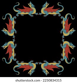 Rectangular animal frame with fantastic winged medieval dragons. On black background.