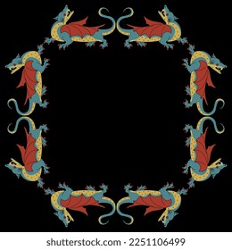 Rectangular animal frame with fantastic winged medieval dragons. On black background.