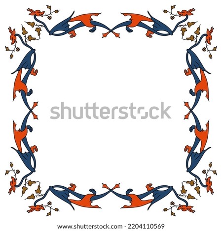 Rectangular animal frame with fantastic winged dragons and floral motifs. Medieval illuminated manuscript style. Isolated vector illustration.