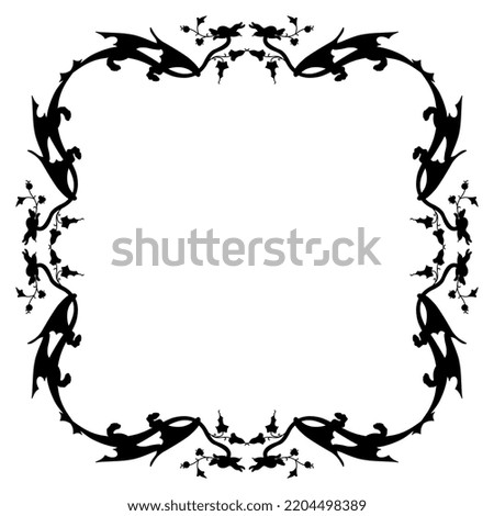 Rectangular animal frame with fantastic winged dragons and floral motifs. Medieval illuminated manuscript style. Black silhouette on white background.