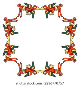 Rectangular animal frame with flying tropical birds. Native American art from Mexican codex. Isolated vector illustration.