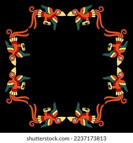 
Rectangular animal frame with flying tropical birds. Native American art from Mexican codex. On black background.