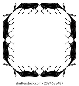 Rectangular animal frame with grazing antelopes or does. Black and white silhouette. Ancient Greek vase painting style.