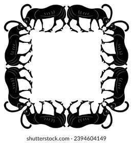 Rectangular animal frame with grazing goats or antelopes. Black and white silhouette. Ancient Greek vase painting style.