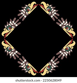 Rectangular animal frame with heads of fantastic bird of prey from Mexican codex. Native American art of Aztec Indians. On black background.