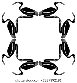 Rectangular animal frame with ibises. Ancient Egyptian sacred bird. Black and white silhouette.