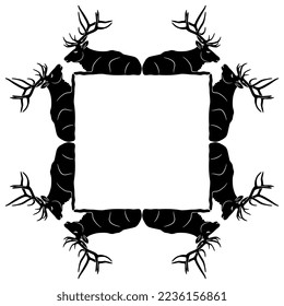 Rectangular animal frame with lying deer or elks with antlers. Black and white silhouette. Christmas design.