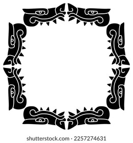 Rectangular animal frame with monster animal heads with sharp teeth. Native American art of Aztec Indians from Mexican codex. Black and white silhouette.