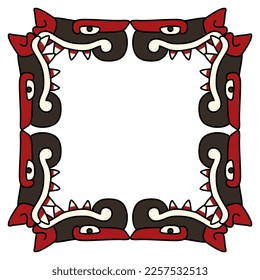 Rectangular animal frame with monster animal heads with sharp teeth. Native American art of Aztec Indians from Mexican codex. Isolated vector illustration.