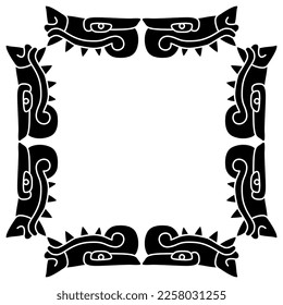 Rectangular animal frame with monster animal heads with sharp teeth. Native American art of Aztec Indians from Mexican codex. Black and white silhouette.
