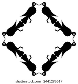 Rectangular animal frame ornament with stylized birds. Folk style. Black and white silhouette.