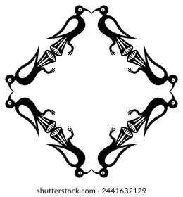 Rectangular animal frame ornament with stylized birds. Folk style. Black and white silhouette.