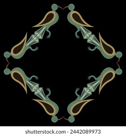 Rectangular animal frame ornament with stylized birds. Folk style. On black background.