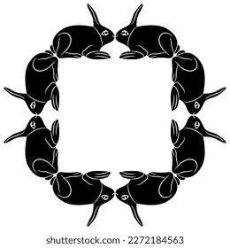 Rectangular animal frame with seated rabbits or hares. Easter bunny design. Black and white negative silhouette.
