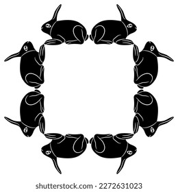 Marco rectangular de animal con conejos sentados o liebres. Diseño de conejito de Pascua. Silueta negativa en blanco y negro.