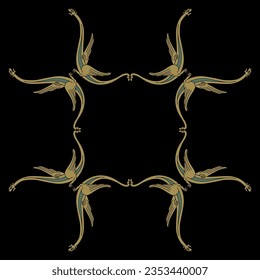 Rectangular animal frame or square ornament with winged medieval dragons.  Illuminated manuscript style. On black background.