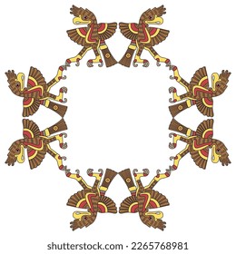 Rectangular animal frame with standing or dancing eagle birds with open wings. Native American symbol of Aztec Indians from Mexican codex. Isolated vector illustration.