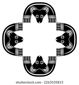 Rectangular animal frame with stylized bears. Permian animal style. Black and white silhouette. 