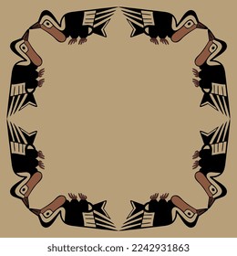 Rectangular animal frame with stylized birds. Ethnic folk style. Ancient Peruvian tribal motif of Nazca Indians. On beige background.