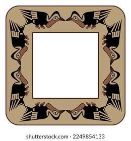 Rectangular animal frame with stylized birds. Ethnic folk style. Ancient Peruvian tribal motif of Nazca Indians.