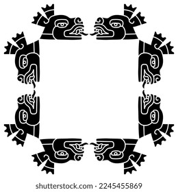 Rectangular animal frame with stylized deer heads. Black and white negative silhouette. Native American art of Aztec Indians from Mexican codex. Isolated vector illustration. 