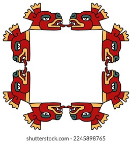 Rectangular animal frame with stylized deer heads. Native American art of Aztec Indians from Mexican codex. Isolated vector illustration. 