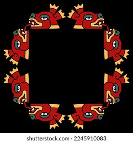 Rectangular animal frame with stylized deer heads. Native American art of Aztec Indians from Mexican codex. On black background.