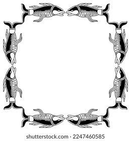 Rectangular animal frame with stylized fish. Native American art of Maya Indians. Black and white silhouette.