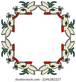 Rectangular animal frame with stylized heads of deer or hare. Ethnic native American design of Aztec Indians from Mexican codex.