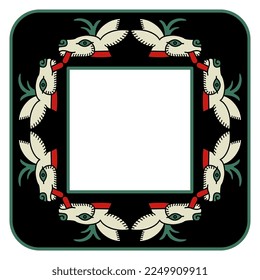 Rectangular animal frame with stylized heads of deer or hare. Ethnic native American design of Aztec Indians from Mexican codex.