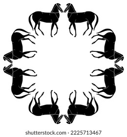 Rectangular animal frame with stylized horses. Black and white silhouette. Ancient Greek style.