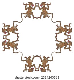 Rectangular animal frame with stylized jaguars. Native American art of Aztec Indians. From Mexican codex. Isolated vector illustration.