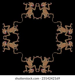 Rectangular animal frame with stylized jaguars. Native American art of Aztec Indians. From Mexican codex. On black background.