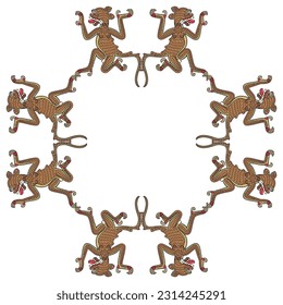 Rectangular animal frame with stylized jaguars. Native American art of Aztec Indians. From Mexican codex. Isolated vector illustration.